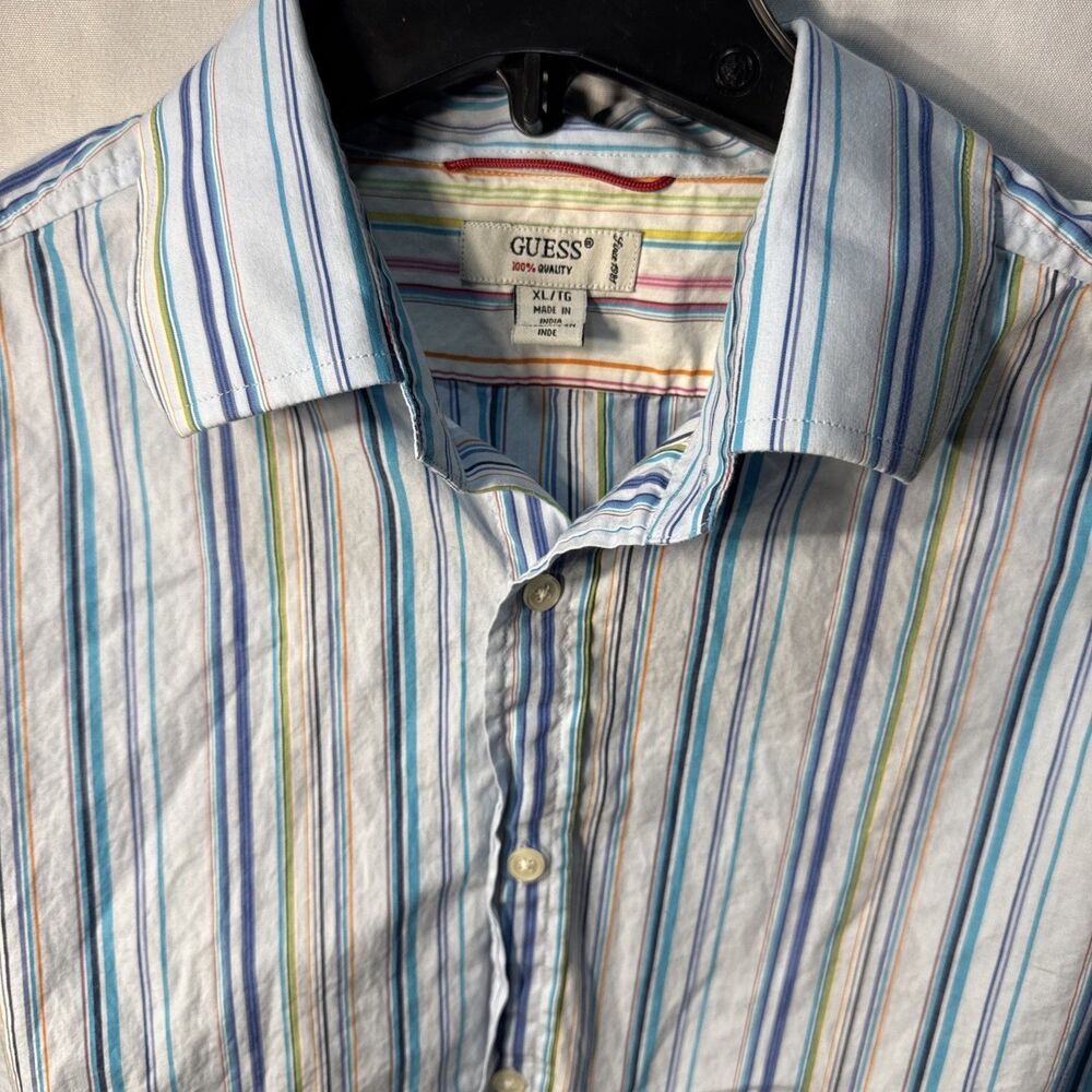 Guess Mens Shirt Blue Stripe XL Cotton Dress Long Sleeve French Cuffs Button Dow